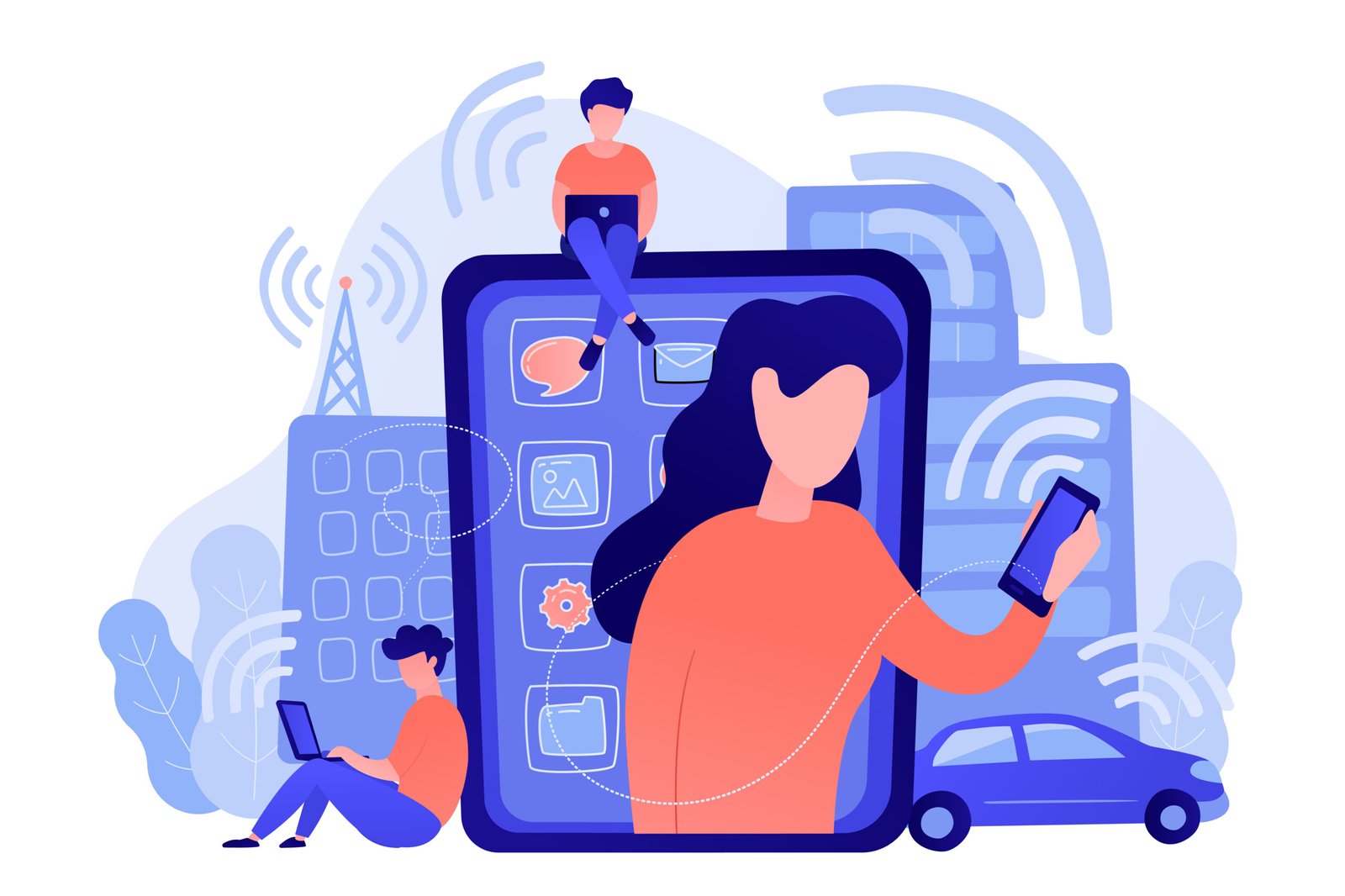 People using different electronic devices such as smartphone, laptop, tablet. Radio fields, electromagnetic pollution, radiation concept, pinkish coral blue palette. Vector illustration on white background.